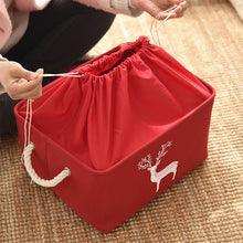 Load image into Gallery viewer, Red Canvas storage fabric basket with drawstring rope handles christmas rustic
