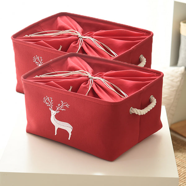 Red Canvas storage fabric basket with drawstring rope handles christmas rustic