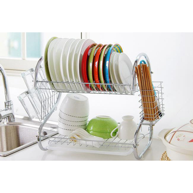 Metal Silver Dish washing rack with utensil holder cup rack and drip tray