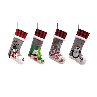 Extra Large Christmas Stocking with Plaid Cuff 4Pc Set