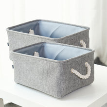 Load image into Gallery viewer, Large Grey Canvas fabric storage basket with drawstrings cover rope handles and fabric lining 

