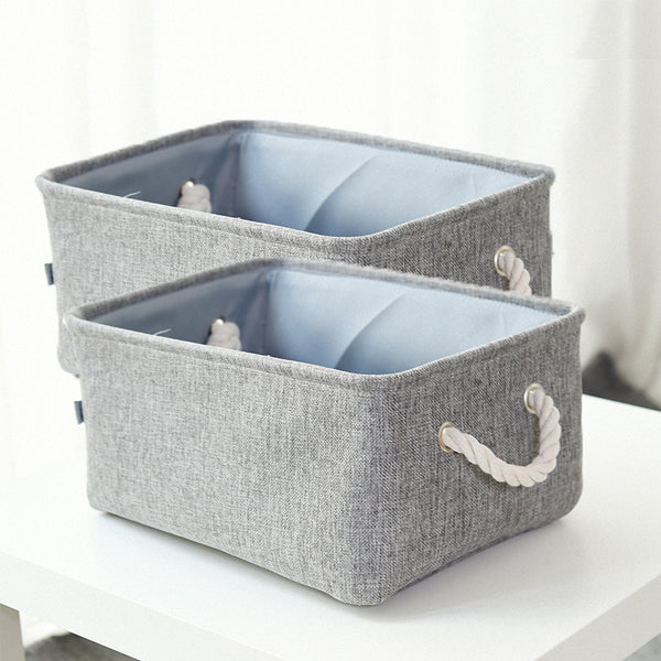 Large Grey Canvas fabric storage basket with drawstrings cover rope handles and fabric lining 