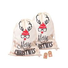 Load image into Gallery viewer, LARGE BURLAP CHRISTMAS SACK BAGS 2PC WITH KRAFT PAPER GIFT TAGS HIPSTER DEER
