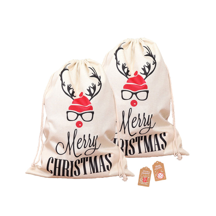 LARGE BURLAP CHRISTMAS SACK BAGS 2PC WITH KRAFT PAPER GIFT TAGS HIPSTER DEER