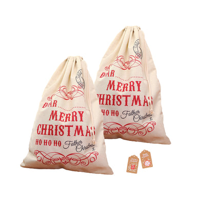 Large Burlap Christmas Sack Bags 2pc with Kraft Paper Gift Tags Santa Letter