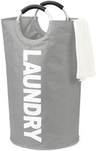 Load image into Gallery viewer, fabric laundry Bag grey with metal handle rings collapsible

