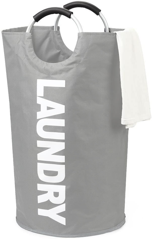 fabric laundry Bag grey with metal handle rings collapsible