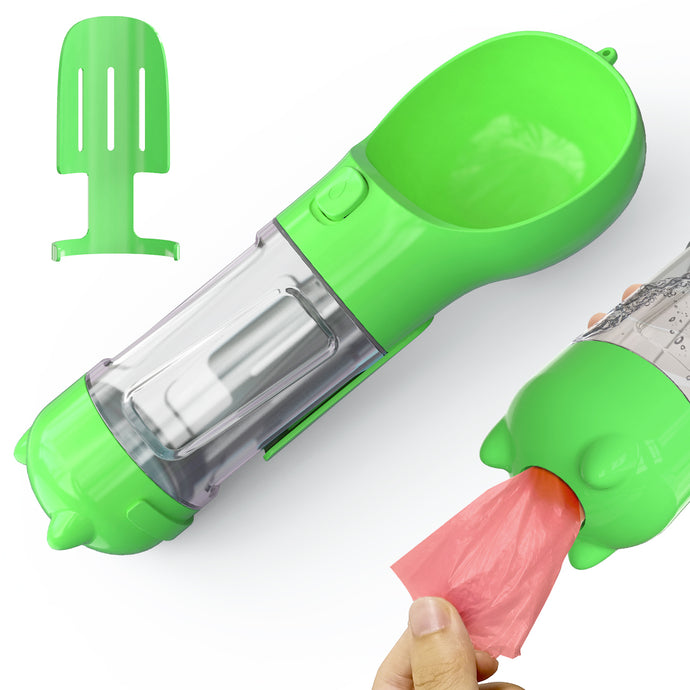 Dog water bottle with treat dispenser and pooper scooper