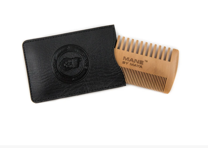 pearwood wooden beard comb mane by maya cosmetics with leather case